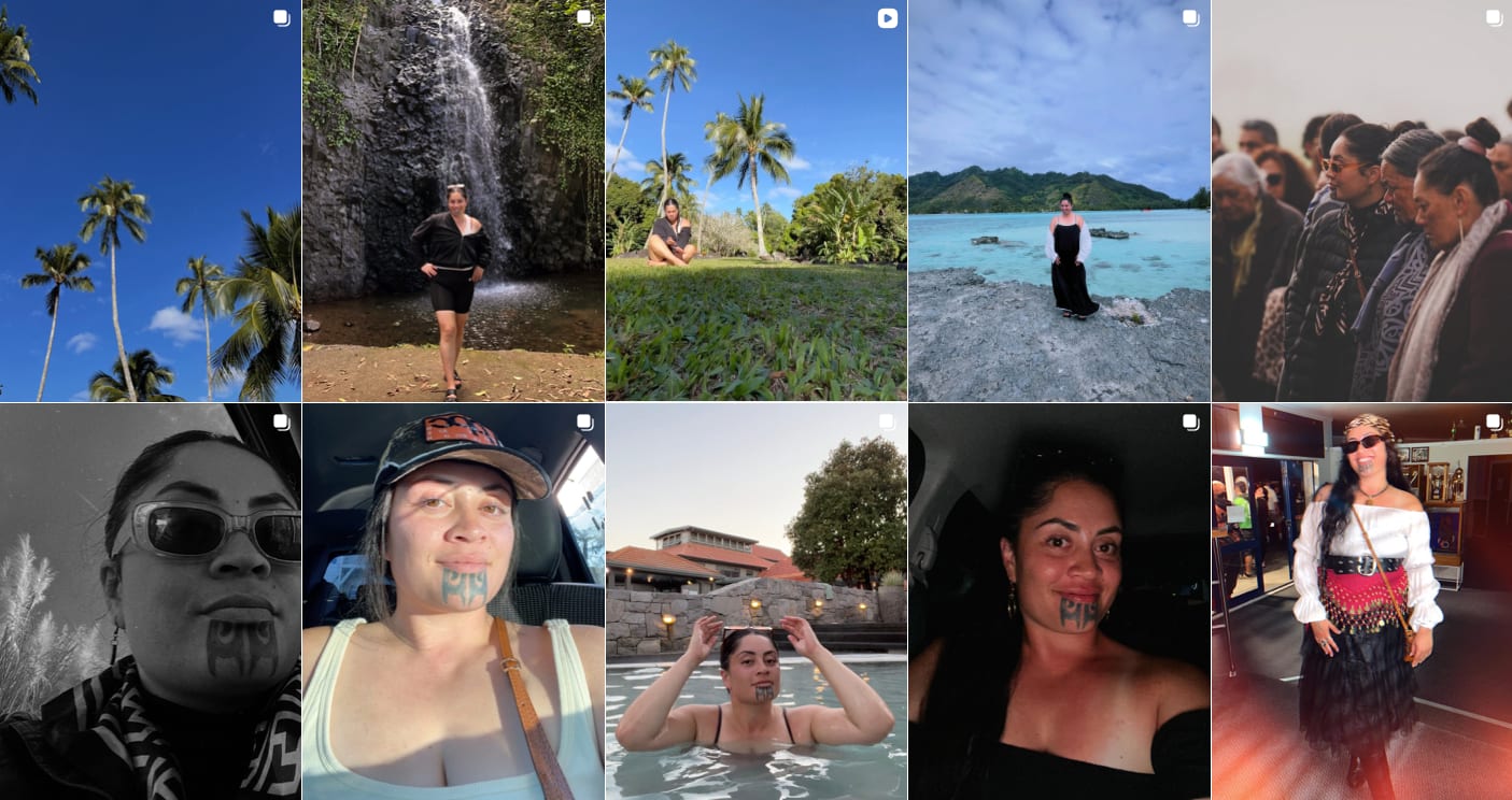 A grid of Rangiātea Stewart’s Instagram photographs: travel, whānau, and selfies showing her moko kauae